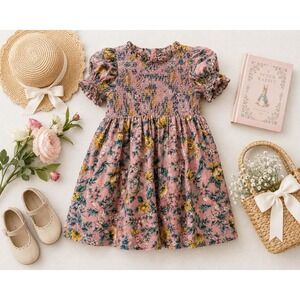 Janie and Jack Hannah Floral Smock Dress Pink Bird Print 18-24months Puff Sleeve